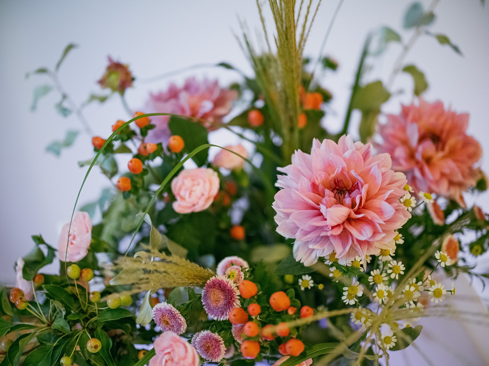 A vibrant bouquet features pink dahlias, orange berries, and green foliage against a light background.